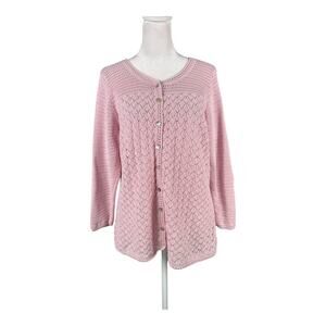 LL Bean Women's XL Petite Open Weave Button Up Lacy Cardigan Pink Linen Cotton